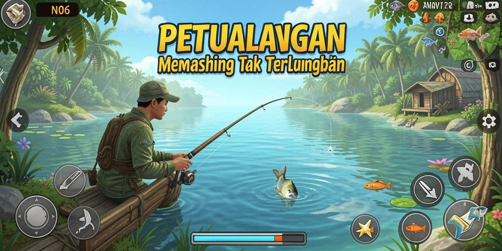 Tampilan mendebarkan dari gameplay N06 saat memancing di danau.